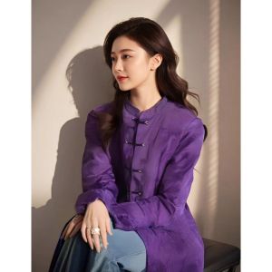 HARSIDE New Chinese Style Purple Silk Velvet Collar Button Cotton Jacket Retro Cheongsam Tang Suit Artistic Outerwear Coat