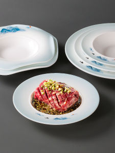 จานทรงกลมพลาสติกสำหรับใช้ในโรงแรมและร้านอาหาร จานทรงลึกขอบกว้าง ลายดอกไม้สไตล์จีน ขนาด 10 นิ้ว จานสำหรับผู้ใหญ่