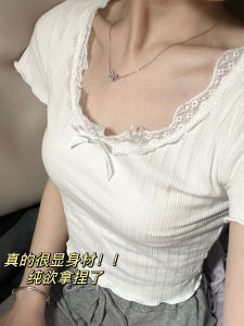 plus Size Womens Short Sleeve T-Shirt Heavy Embroidery Lace Trim Base Layer Inner Wear Sweet Spicy Korean Style Slim Fit