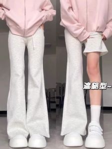 Gray Flared Pants Womens High Waist Fleece Lined Casual Sweatpants Spring Autumn Winter New Arrival Sporty Trousers