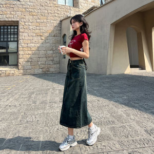 High Waist Distressed Button Zipper-pocket A-Line Midi Skirt Womens Skinny Fit Denim Half-length Varying Seasons