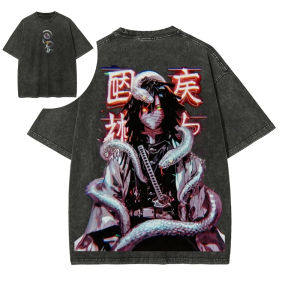 Bandai | Demon Slayer Mens and Womens Washed T-Shirt Obanai Iguro Summer and Spring Anime Tee Retro Distressed Harajuku Short Sleeve