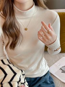 เสื้อยืดคอปกสูงแบบสวมครึ่งตัวสำหรับผู้หญิงในฤดูใบไม้ร่วงและฤดูหนาว เสื้อชั้นในแขนยาว เสื้อเชิ้ตทรงปกติ อบอุ่น แขนยาว ปกติ