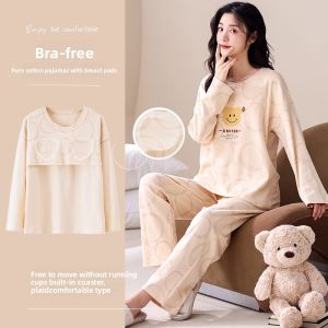 miiow | Pure Cotton Sleepwear Set For Women Spring Autumn Long Sleeve Long Pants With Chest Pad Suitable For Outdoor Casual Home Clothes