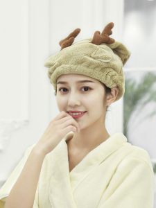 Coralline Velvet Dry Hair Cap Deer Antler Absorbent Cartoon Animal Adult Bath Cap Home Use Polyester Home Dry Hair Hats
