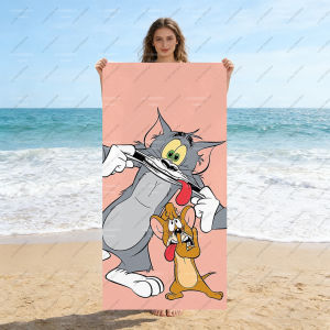 52TOYS | Tom and Jerry Funny Tongue Pull Print Beach Towel Pink Base Microfiber Quick Dry Cartoon Bath Towel for Kids Adults Pool