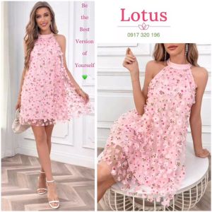 Lotus] Đầm Yếm Đính Hoa Anh Đào Cherry Blossom dễ thương/ Đầm Suông Dáng Chữ A Form Rộng Đẹp/ Váy Cổ Yếm Màu Hồng Baby xinh sang dự tiệc đi chơi du lịch đều Hợp