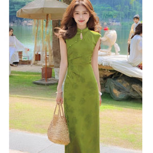 New Chinese Style Printed Improved Cheongsam Young Slimming Long Dress Womens Summer 2025 Streetwear Wool Blend Maxi Dress