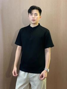 Mature Stable Decomposed Henry Collar Short Sleeve Black Polo Shirt Men Summer Fashionable Shoulder T-Shirt American Five Sleeve