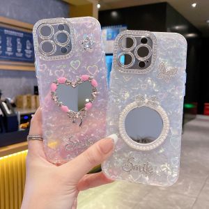 【New】Self-contained Diamond Lens Film 3D Heart & Bow Mirror Pattern IMD Phone Case with Bracelet For iPhone 11 12 13 14 15 16 Series