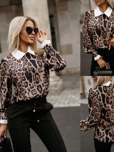 Casual Long Sleeve Shirt Womens Turn-down Collar Leopard Print Top Comfortable Polyester Material Loose Fit Commute Style