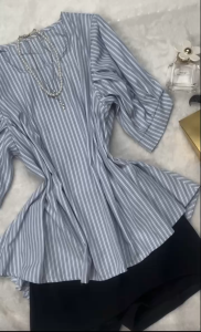 MOUSSY 8005-1 Womens blouse stripes design fashion top casual attire female Causal Elegant 3/4