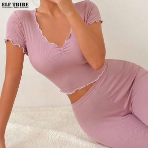 ELF TRIBE Fashionable Living Wear Two Piece Wave Edge Stretch Short Sleeve T-Shirt & Pants Pajama Set