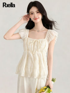 puella | Áo Blouse Ôm Dáng Tay Voan Cổ Vuông Nơ Ren Pháp Mùa Hè