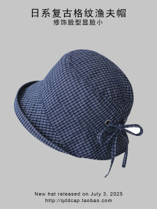 Korean Style Grid Fisherman Hat Breathable Lightweight Summer Cap with Bow Tie Sun Protection Large Brim round Top Hats for Women