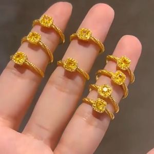 Gold 916 original ring for women Small sugar cube citrine diamond engagement jewelry womens accessories for girlfriend birthday gift