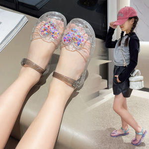 Princess Jelly Sandals Girls Shoes Heart Shape Magic Tape Closure Soft Bottom Crystal Sandals for Beach Summer Kids Shoes