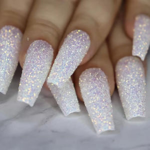 24Pcs Glitter Sugar Powder Press On Nails Long Coffin Full Cover Fake Nail Trapezoid Shape Sparkly False Nails  for Wedding Wear