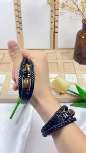Gelang Batu Mata Harimau Hitam Batu Perhiasan Pria Gelang Kulit Kepang Multi-Lapis Keren Anti Karat