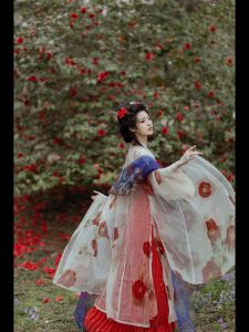 Tang Dynasty Red Face Camellia Hanfu Embroidered Print One-Piece Shirt Skirt Large Sleeve Shirt Chest Pleat Skirt Womens Style