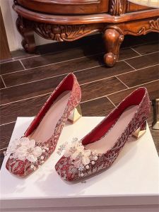 Red Chinese Color Block High Heel Wedding Shoes for Women Sparkling Diamond Chunky Heel Single Shoes Elegant Fashion Footwear