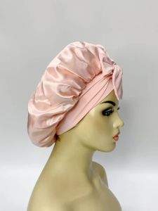 New Elegant Double Layer Satin Wide Brimmed Bath Hat Sleep Cap Adjustable Hair Head Cover Bonnet for Women Long Hair