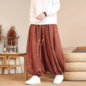 Thickened Orlon Mens Pants Winter Floral Pattern Embroidery Wide Leg Lantern Pants Loose Fleece Sports Pants Casual Trousers