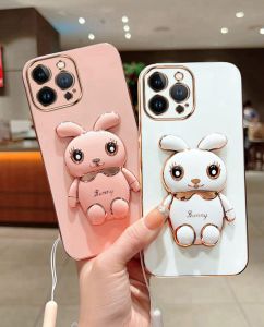 Toosci For Samsung Galaxy S10 Plus S20 FE S20 Plus S20 Ultra S21 FE S21 Plus S21 Ultra S22 Plus S22 Ultra S23 Plus S23 Ultra S30 Plus S30 Ultra Luxury 3D Stereo Holder Stand Rabbit Plating Phone Case Soft TPU Back Cover + Lanyard