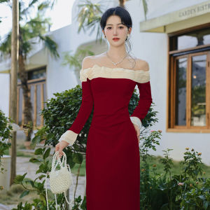Elegant Red French One-Shoulder Dress Slimming Waistline for Engagement Ceremony Formal Occasions A-Line Ball Gown