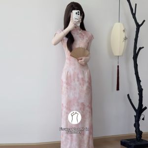 Long 130cm Pink Qipao Modern Chinese Style Dress