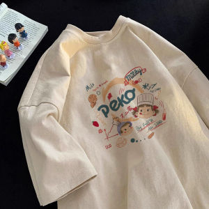 Hong Kong Style Chic Printed Pure Cotton Short Sleeve Womens T-shirt Summer Loose Versatile Top Trendy Ins Korean Version