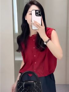 Red Sleeveless Lace-edged Shirt for Women Loose Fit Summer Design French Style Shirt with Buttoned Details