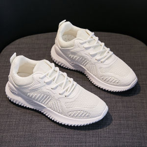 Hot Seller Fly Woven Leisure White Rubber Sneakers For Women Lace Up Comfortable Mesh Running Sports Shoes Low Cut Breathable Casual Sneakers