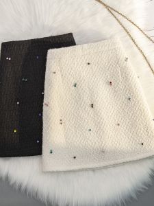 Autumn Winter New Style Korean High Waist Diamond Embellished A-Line Woolen Mini Skirt Womens Bodycon Short Skirt