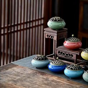 Lư Đốt Trầm Gốm Sứ Nắp Hợp Kim Hoa Văn – Lư Đốt Nhang Vòng Decor Phòng Khách Bàn Trà Gia Đình