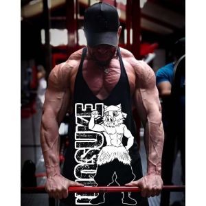 Bandai | Demon Slayer Mens Fitness Bodybuilding Tank Tops Anime Gym Sportswear Cotton Breathable  Vests Summer Sleeveless Y Back Shirt
