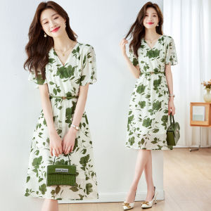 Impression Fashion Store Women Elegant V-neck Short Sleeve Floral Chiffon Summer High Waist A-line Midi Dress
