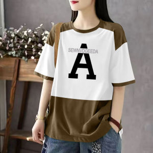 plus Size Color Block Short Sleeve T-Shirt Women Pure Cotton Summer New Fashion Loose Shoulder Drop Shaped Top Korean Style