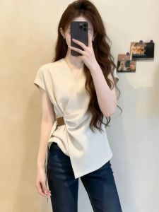 Elegant Slimming Asymmetric V-neck Short Sleeve Summer Plus Size T-shirt