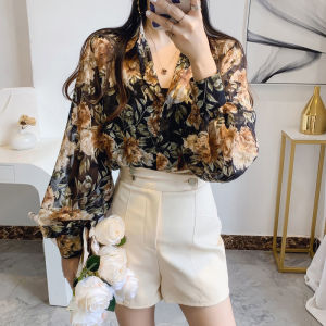 Floral Print Loose Womens Shirt Summer New Style Sun Protection Polo Collar Chiffon Lantern Sleeve Womens Top Casual Shirt