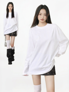 Áo Thun Dài Tay Cotton Cổ Tròn Phong Cách Thông Thường Che Mông