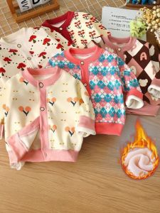 Korean Style Fleece Lined Knitted Thickened Autumn Winter Jacket for Kids Boys Girls Casual Open Cardigan Warm Outerwear Sweater