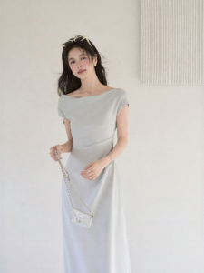 OUYANGXI | Đầm Xanh Kéo Dây eo Ống Dài