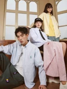 RickyisClown | Pink Long-sleeve Striped Couples Shirt with Swirl Rabbit Embroidery