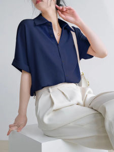 XIAOMENG | Navy Blue Summertime Luxury Vintage Style Shirt