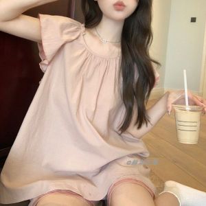 ฤดูร้อนญี่ปุ่น INS Minimalist หวานแขนสั้นชุดนอนชุดผู้หญิงสีเกาหลีสไตล์หลวมเสื้อผ้ายาง Band ชุดนอน