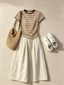 QINGMUZI | Striped Short Sleeve T-shirt A-line Skirt Two-piece Set