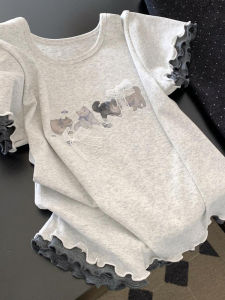 CHOEFULYN | French Style Lace Bowknot Cat Print Short Sleeve T-shirt