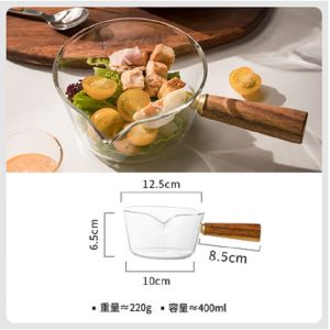 Borosilicate Glass Milk Pot Side Wooden Handle Soup Pot Complementary Food Pot Boiled Instant Noodle Bowl Hot Red Wine Milk Single-Handle Pot Open Fire