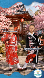 Baby Fourths Couture United Nation Red Japanese Japan Traditional Kimono Dress Costume for Kids National Attire for UN Events for Kids